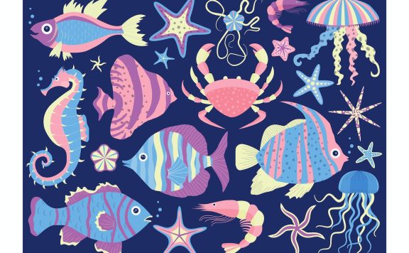 热带鱼类和珊瑚礁动物群矢量图案插画下载（AI,EPS,JPG）