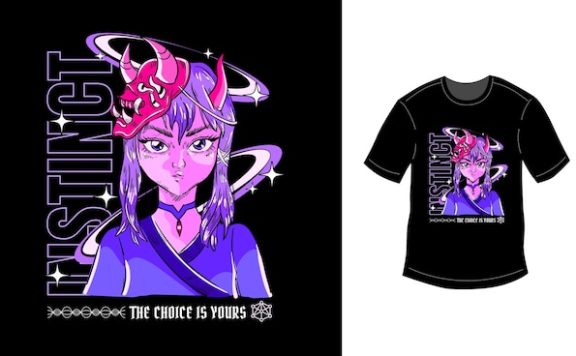 面具女角色手绘设计插画街头服饰T恤图案素材[ai,eps]