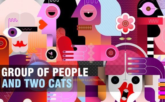 人群和两只猫矢量图 (AI,EPS,JPG,PDF,PNG,PSD,SVG)