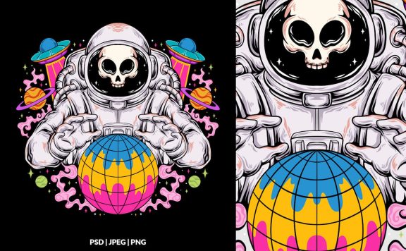 🔴时尚高端绚丽的宇航员骷髅头插画-PSD