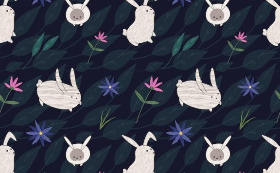 花叶兔子动物新年矢量装饰图案素材[eps]