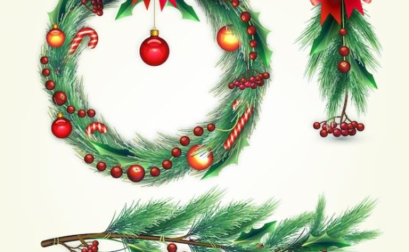 逼真的装饰圣诞冬青花环矢量收藏插画[ai,eps]