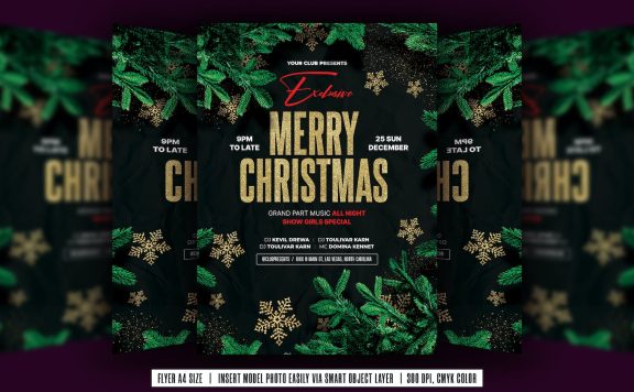 深色主题圣诞快乐派对传单海报设计模板 (PSD)