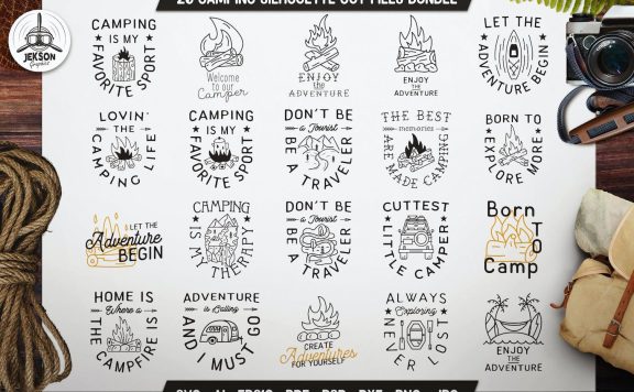 野营徽章旅行线条艺术标签标志Logo模板 (AI,EPS,JPG,PDF,PNG,PSD,SVG)