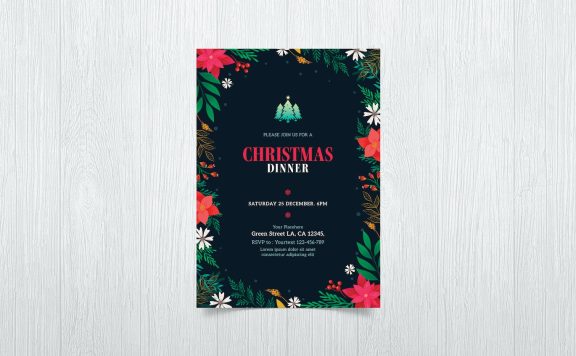 花叶框架圣诞晚餐派对邀请海报 (PSD)