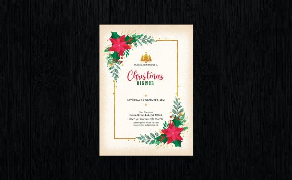 圣诞晚餐派对主题花卉请柬海报模板 (PSD)