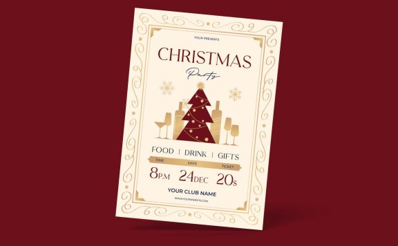 金色装饰圣诞晚会邀请海报传单 (AI,EPS,JPG,PNG)