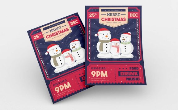 雪人家庭圣诞快乐派对传单海报模板 (AI,EPS,JPG,PNG)