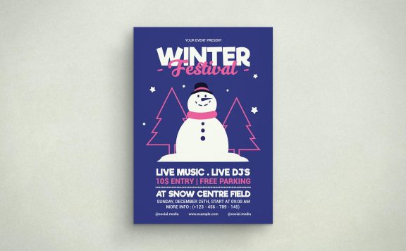 冬季雪人音乐派对海报模板 (AI,PSD)