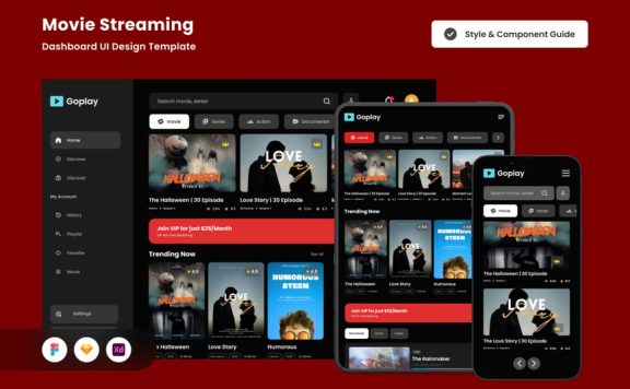 电影流媒体仪表板UI设计网页UI模板 (FIG,SKETCH,XD)