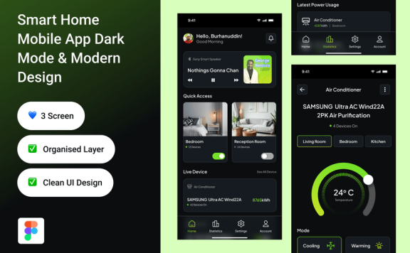 智能家居移动应用黑暗模式和现代设计APP UI KIT (FIG)