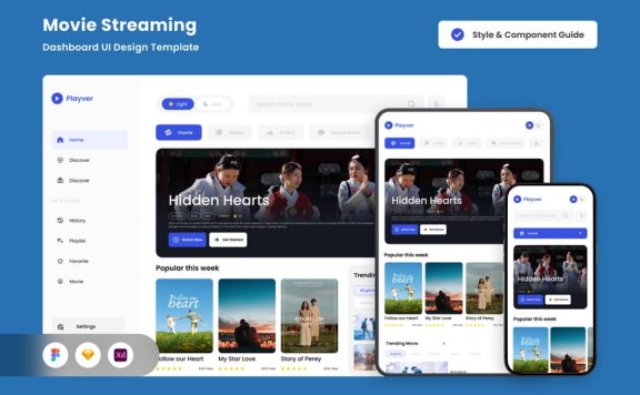 电影流媒体仪表板设计网页UI模板 (FIG,SKETCH,XD)