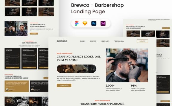 理发店着陆页网页UI套件 (FIG,PSD,SKETCH,XD)