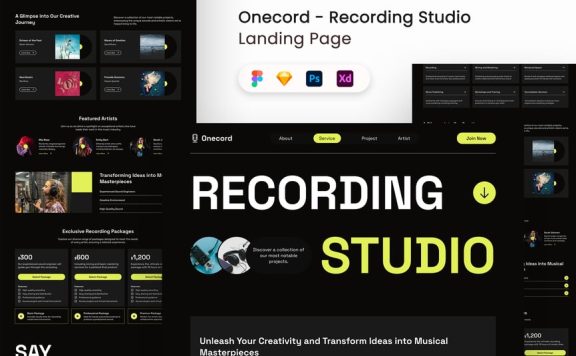 录制工作室着陆页网页UI套件 (FIG,SKETCH,PSD,XD)