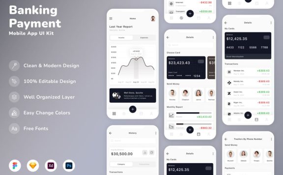 银行和付款移动应用APP UI KIT (SKETCH,FIG,XD,PSD)