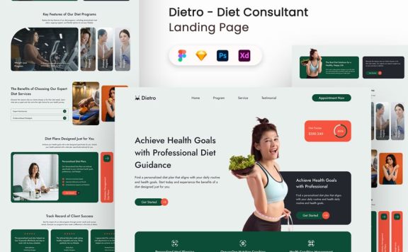 饮食顾问着陆页UI套件网页UI模板 (FIG,PSD,SKETCH,XD)