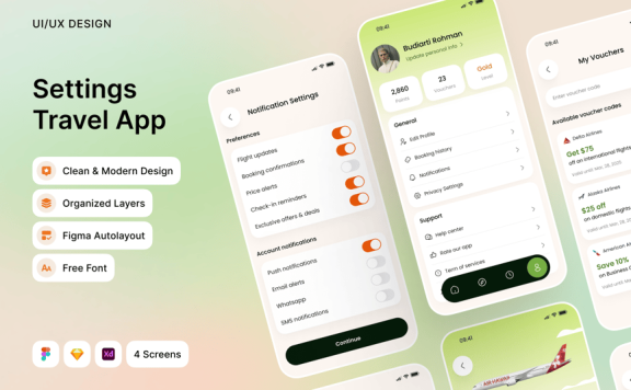 个人资料和设置旅行应用APP UI KIT (FIG,SKETCH,XD)