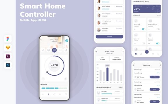 智能家庭控制器移动应用APP UI KIT (SKETCH,FIG,XD,PSD)