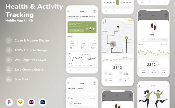 健康与活动跟踪移动应用APP UI KIT (SKETCH,FIG,XD,PSD)