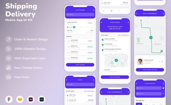 运输和交付移动应用APP UI KIT (SKETCH,FIG,XD,PSD)