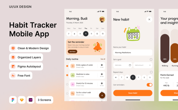 简约习惯追踪器移动应用APP UI KIT (FIG,SKETCH,XD)