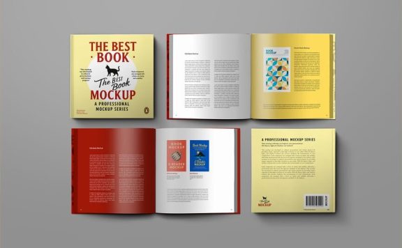 图书PSD模型 – 方形平台（4个场景）样机 (PSD)