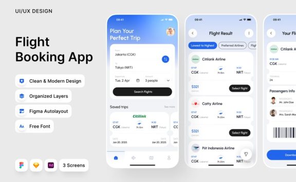 机票预订应用APP UI KIT (FIG,SKETCH,XD)