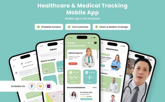 医疗保健和医疗跟踪移动应用APP UI KIT (FIG,SKETCH,XD)