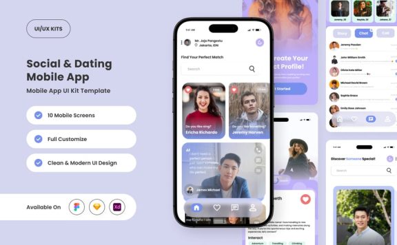 年轻的社交和约会应用APP UI KIT (FIG,SKETCH,XD)