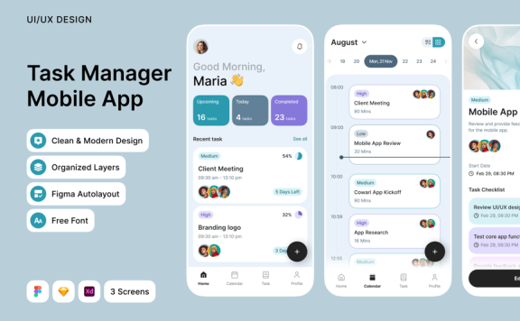 现代任务管理器移动应用APP UI KIT (FIG,SKETCH,XD)