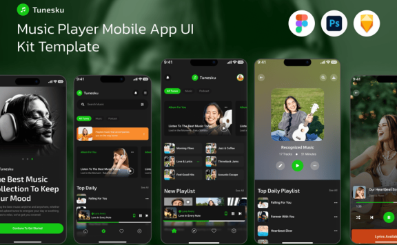 音乐播放器流应用APP UI KIT (FIG,PSD,SKETCH)