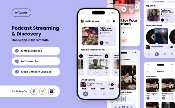 光滑的播客流应用APP UI KIT (FIG,SKETCH,XD)