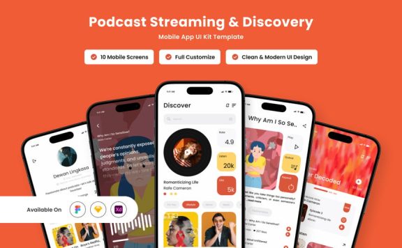 光滑且引人入胜的播客应用APP UI KIT (FIG,SKETCH,XD)