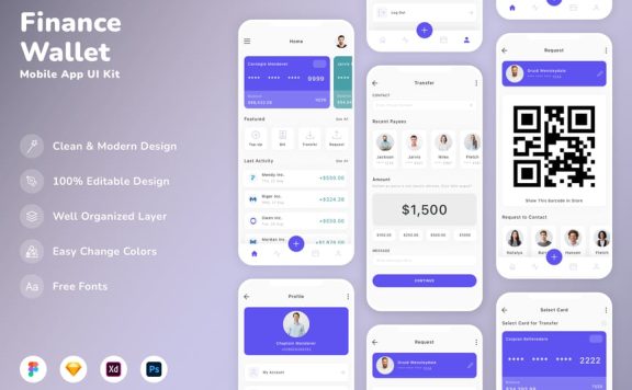 金融和钱包移动应用UI套件APP UI KIT (SKETCH,FIG,XD,PSD)