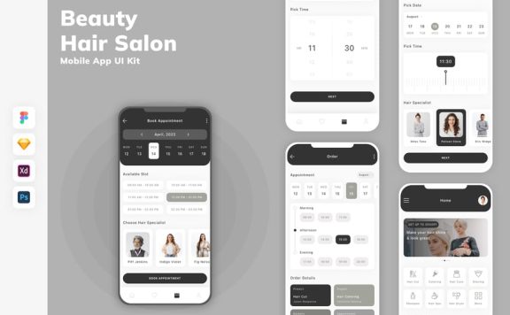 美容与美发沙龙移动应用APP UI KIT (SKETCH,FIG,XD,PSD)