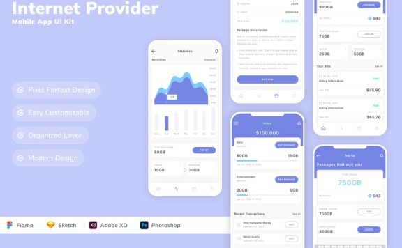 互联网提供商移动应用APP UI KIT (SKETCH,FIG,XD,PSD)