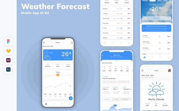 天气预报移动应用APP UI KIT (SKETCH,FIG,XD,PSD)