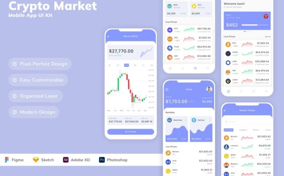 加密市场移动应用APP UI KIT (SKETCH,FIG,XD,PSD)