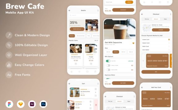 咖啡主题的APP UI KIT (SKETCH,FIG,XD,PSD)