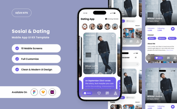 年轻的社交和约会应用APP UI KIT (FIG,SKETCH,XD)