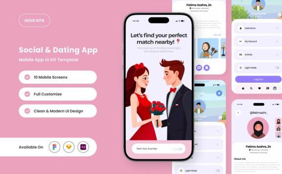 浪漫的社交和约会应用APP UI KIT (FIG,SKETCH,XD)