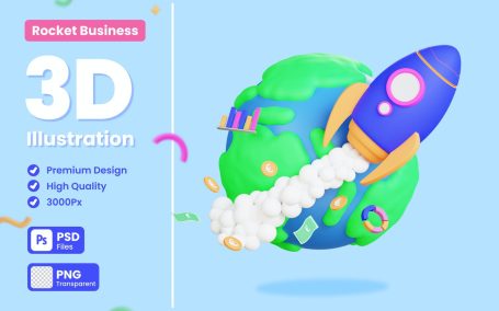 全球业务火箭3D概念插画 (PNG,PSD)