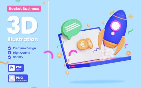 业务数据火箭3D概念插画 (PNG,PSD)