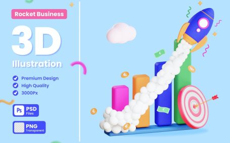 业务目标火箭3D概念插画 (PNG,PSD)