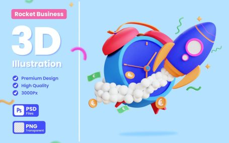 业务周期火箭3D概念插画 (PNG,PSD)