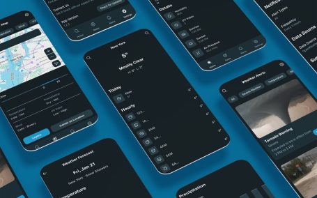 天气预报、警报和气候统计黑色应用APP UI KIT (FIG,XD,SVG,SKETCH,PSD)