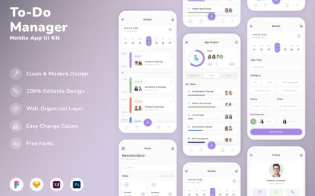 待办事项管理器移动应用 APP UI Kit (SKETCH,FIG,XD,PSD)