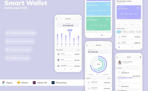 智能钱包移动应用APP UI KIT (SKETCH,FIG,XD,PSD)