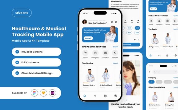 医疗保健和医疗跟踪器移动应用 APP UI KIT (FIG,XD,SKETCH)