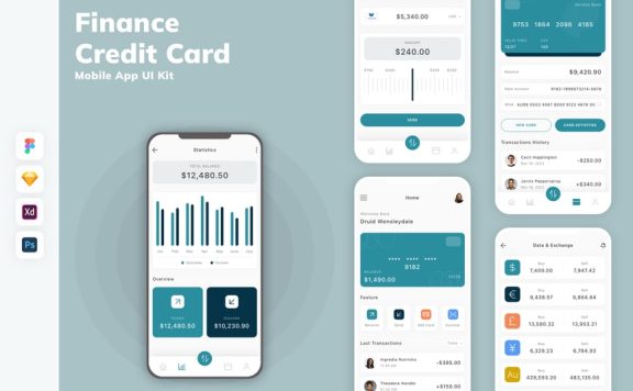 财务和信用卡移动应用 APP UI KIT (SKETCH,FIG,XD,PSD)